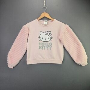 Hello Kitty Sanrio Sweatshirt Faux Fur Sleeve Size 12 Pink Glitter Pullover